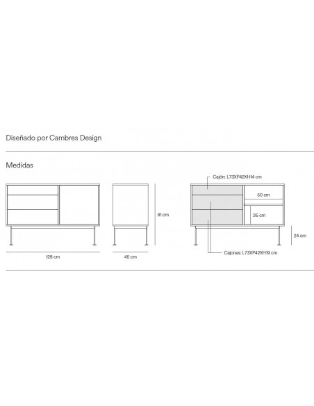 TEULAT cômoda minimalista YOKO 128X45, cinza, carvalho