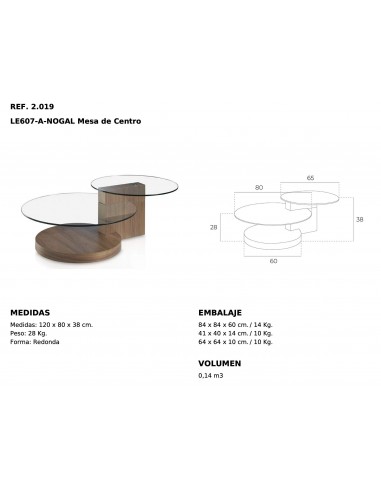 Mesa de café LEA 120x80 (65) vidro, madeira nogueira