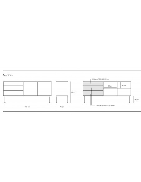 Teulat APARADOR minimalista YOKO 180x45, GRIS ANTRACITA, ROBLE