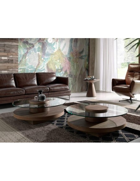 MESA CENTRO REDONDA MIKO 100, CRISTAL, NOGAL