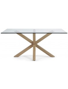 Mesa Arya 160 x 90, cristal y patas de acero efecto madera 2