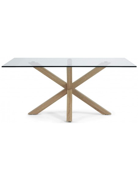 Projeto ARYA 160 x 90, encaixes Natural, mesa de vidro transparente.