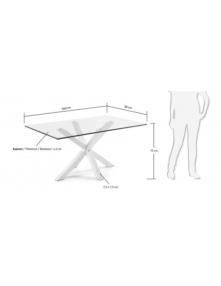 Mesa de diseño Argo 160x90, cristal y patas de acero acabado blanco