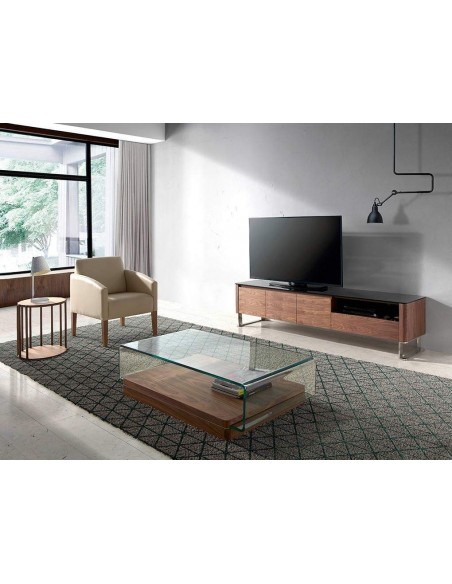 MUEBLE TV GIANT 200x45, MADERA NOGAL Y CRISTAL NEGRO