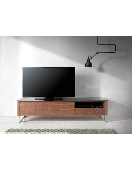 MUEBLE TV GIANT 200x45, MADERA NOGAL Y CRISTAL NEGRO