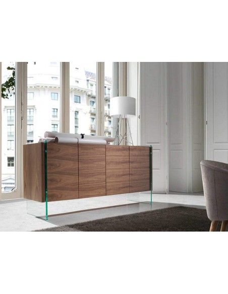 APARADOR moderno Neon 170x43, madera NOGAL Y CRISTAL