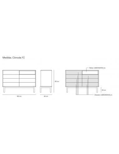 TEULAT confortável CORVO 120x40, 7 gavetas, cinza pérola