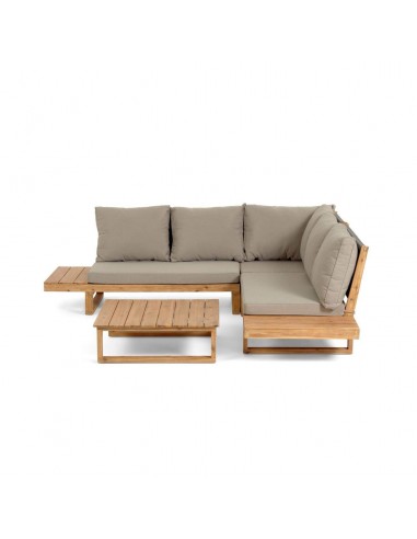 Set Flaviina de sofá rinconero 5 plazas y mesa de madera maciza acacia 100%.