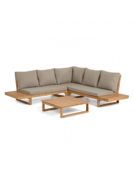 Set Flaviina de sofá rinconero 5 plazas y mesa de madera maciza acacia 100%.