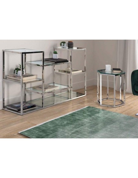 Mesa lateral Hexa 49x42, vidro e aço inox. Mesa lateral Hexa 49x42, vidro e aço inox.