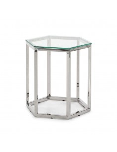 Mesa lateral Hexá 51x 49, vidro e aço inox.