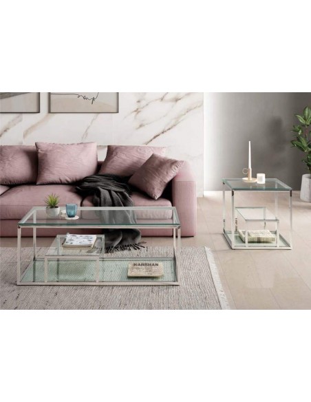 Mesa Auxiliar de diseño Falky 55x55, Cristal y acero inox. Mesa Auxiliar de diseño Falky 55x55, Cristal y acero inox.