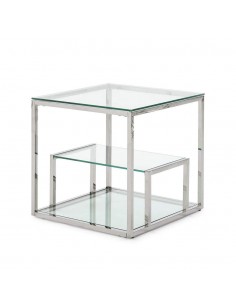 Mesa Auxiliar De Diseño Falky 55x55, Cristal y acero inox.
