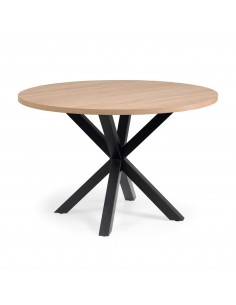 Mesa redonda ARYA 120, melamina natural, acero negro