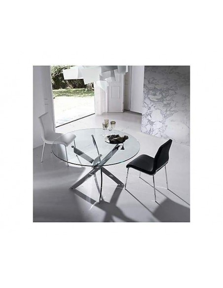 Mesa redonda de cristal, diseño Cross 130, patas en acero cromado.