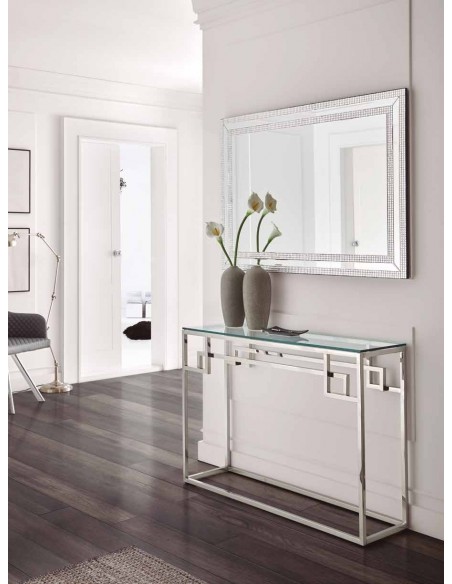 CONSOLA DE CRISTAL Y ACERO INOX, TEMPLE.