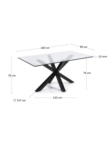 Mesa de design Arya 160x90, vidro e pernas de aço com acabamento preto