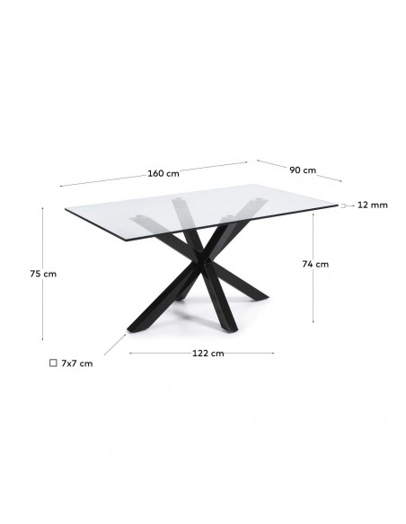 Mesa de design Arya 160x90, vidro e pernas de aço com acabamento preto Mesa de design Arya 160x90, vidro e pernas de aço com acabamento preto