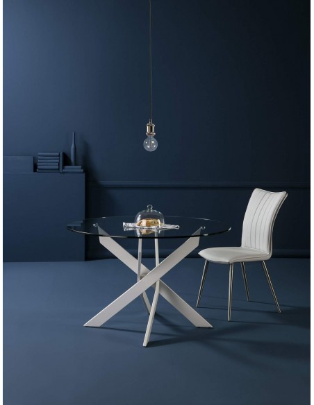 Mesa redonda Thur 120, cristal, patas metal blanco.