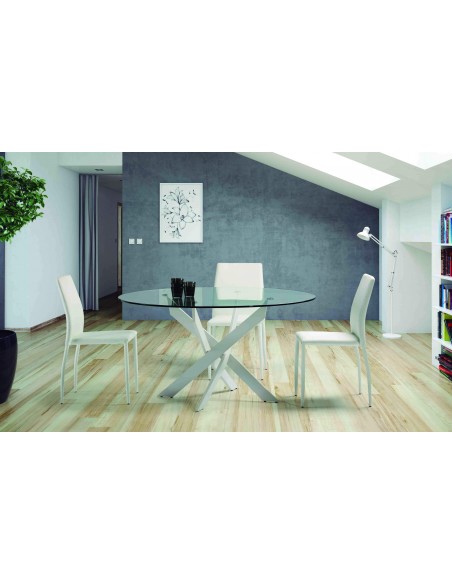 Mesa redonda Thur 120, cristal, patas metal blanco.