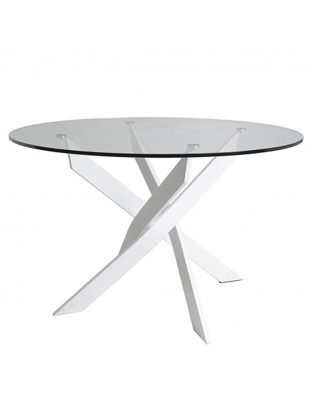 Mesa redonda Thur 120, cristal, patas metal blanco.