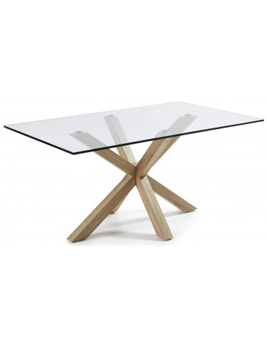 Mesa Argo de cristal 160x90 y patas de acero efecto madera