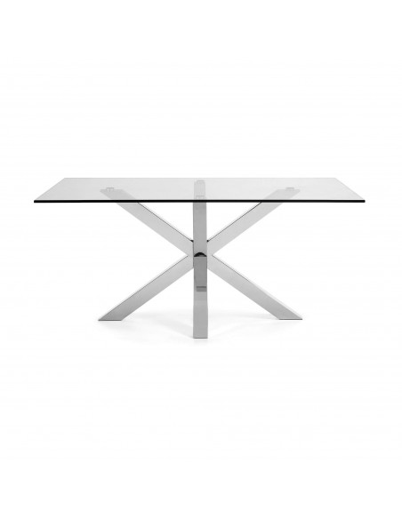 Mesa Arya de cristal y patas de acero inoxidable 180 x 100 cm.