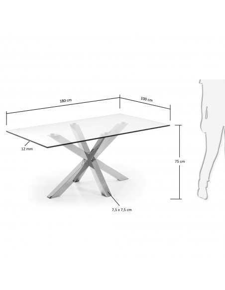 Mesa Arya de cristal y patas de acero inoxidable 180 x 100 cm.