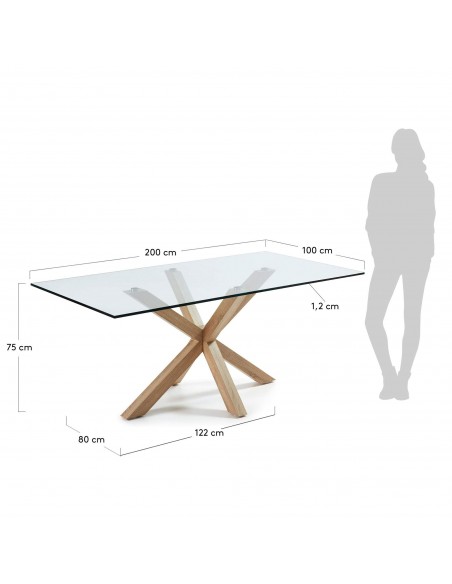 Mesa Arya de cristal y patas de acero efecto madera 200 x 100 cm.