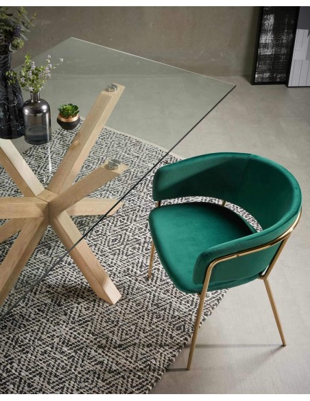 Mesa de vidro Argo e pés de aço efeito madeira 180 x 100 cm.