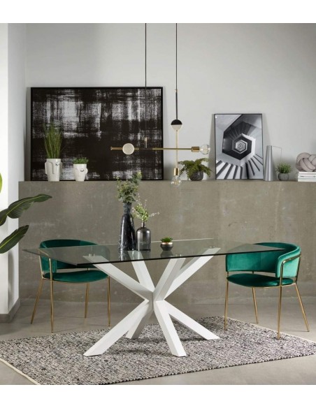 Mesa de vidro Argo e pés de aço acabamento branco 160 x 90 cm