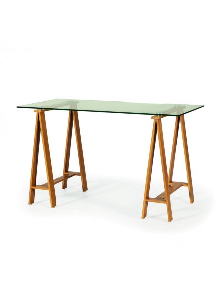 Mesa secretária moderna em vidro de 130 x 60, pés em metal com acabamento em carvalho.