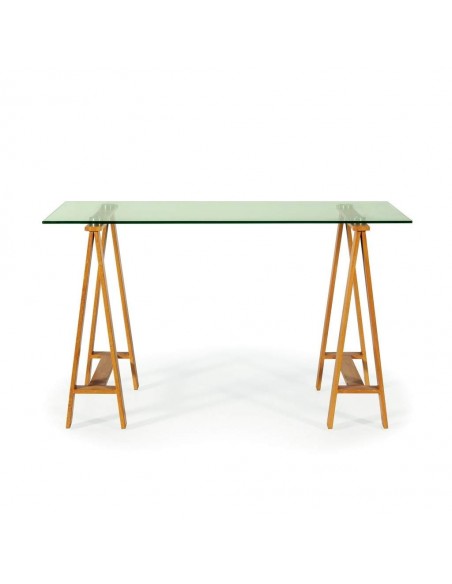Mesa secretária moderna em vidro de 130 x 60, pés em metal com acabamento em carvalho.