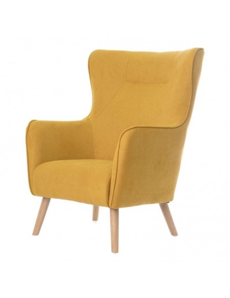 Poltrona design MUNICH em tecido mostarda, pié em madeira.