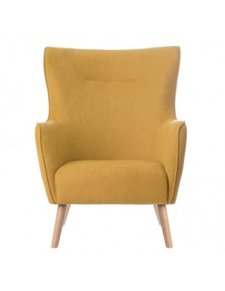 Poltrona design MUNICH em tecido mostarda, pié em madeira.