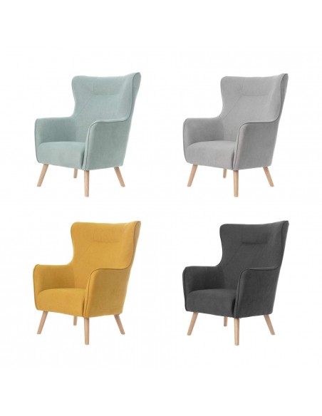 Poltrona design MUNICH em tecido mostarda, pié em madeira.