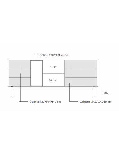 TEULAT APARADOR CORVO 180x40, COLOR GRIS PERLA