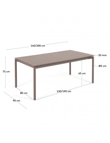 Mesa de exterior extensível Zaltana 140/200 x 90, em alumínio marrom