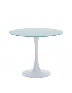 Mesa redonda DOCK 90, base de metal y tapa de cristal blanco