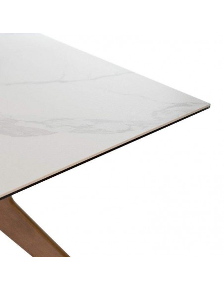 Mesa comedor ELOISE 160x90, porcelánico Mármol Creta/Nogal.