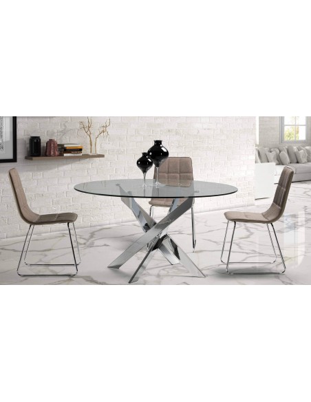 Thur 140 mesa redonda de comedor de diseño, cromada, cristal Thur 140 mesa redonda de comedor de diseño, cromada, cristal
