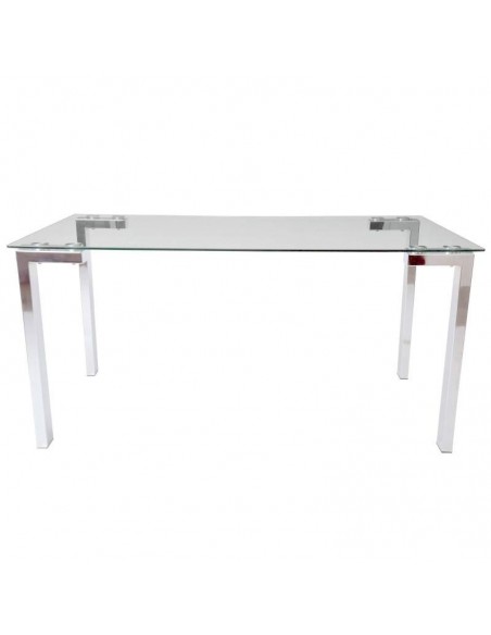 Mesa de jantar design Yenila 140x80, tampo de vidro, pés cromados.