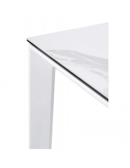 Mesa comedor extensible LISA 140x90, porcelánico mármol Creta, metal blanco.