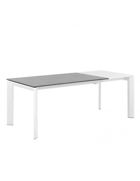 Mesa comedor extensible LISA 140x90, porcelánico gris Atenea y metal Blanco