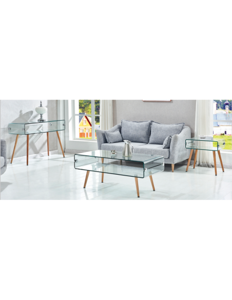 Mesa de centro de vidro Rotterdam 110x55, pés de madeira de faia.