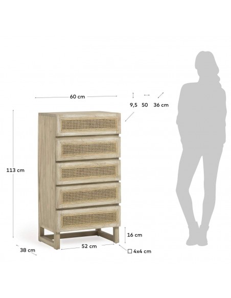 Cômoda Rexit 5 gavetas madeira maciça e folheado mindi com vime 60 x 113 cm.