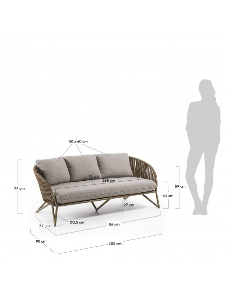 Sofá de exterior Branzie, 3 plazas de cuerda marrón 180 cm.