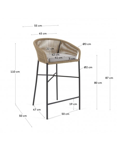 Taburete exterior Yanet em corda bege e aço galvanizado, altura 80 cm.