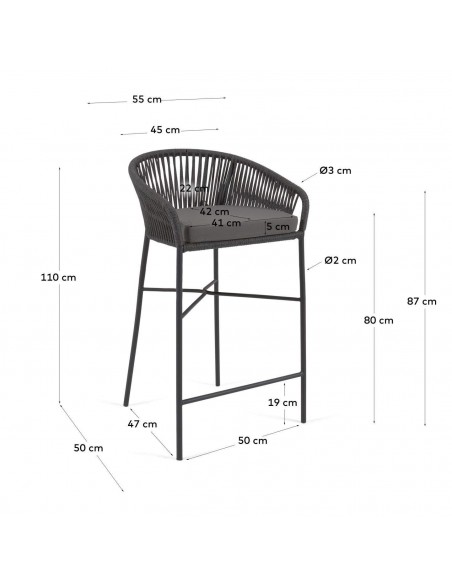 Taburete exterior Yanet em corda preto e aço galvanizado, altura 80 cm.