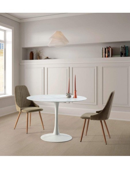 MESA REDONDA ADA 110, cristal simulando mármore e metal BRANCO